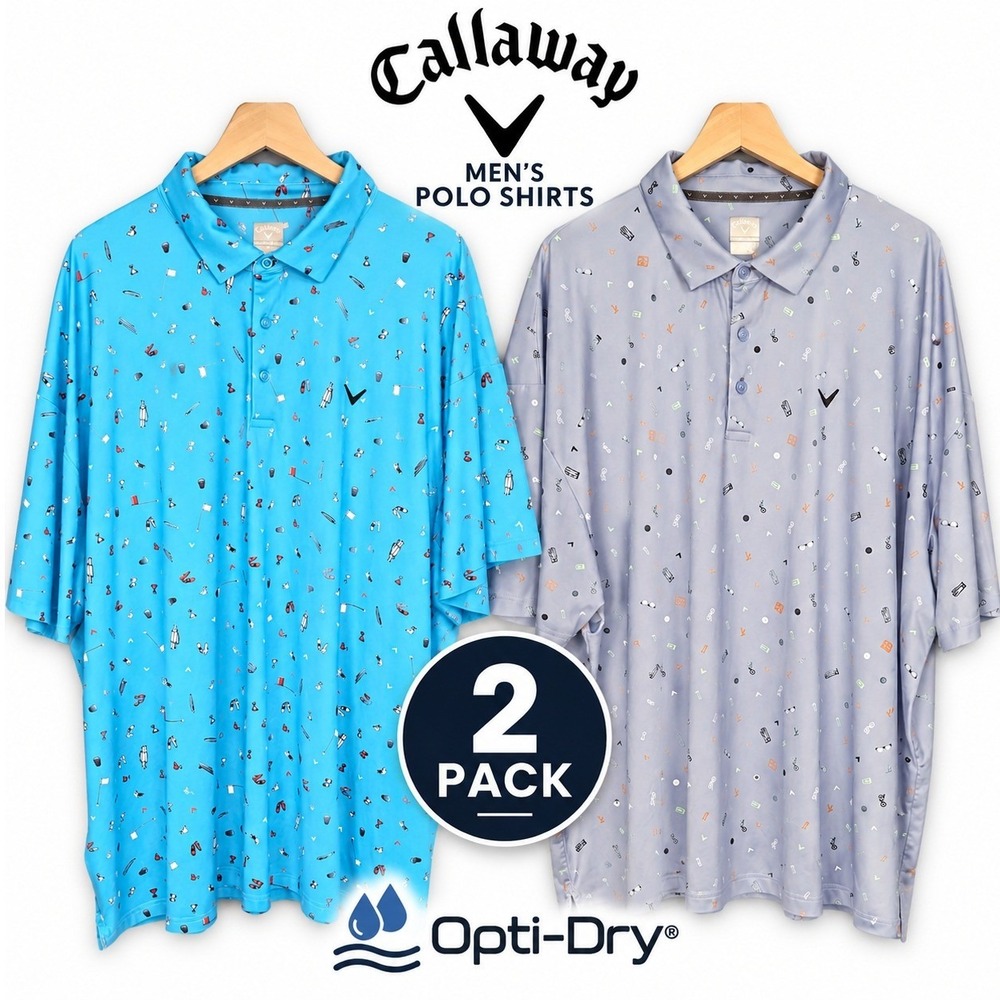 (LOT 2) Callaway Polo Shirts Men 4X Blue Opti-Dri Performance Golf Print Stretch